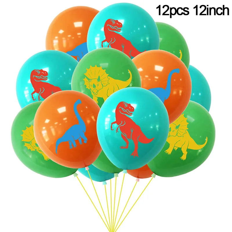 A set of 12 inch dinosaur-themed balloons in various colors, including red, orange, yellow, and blue.