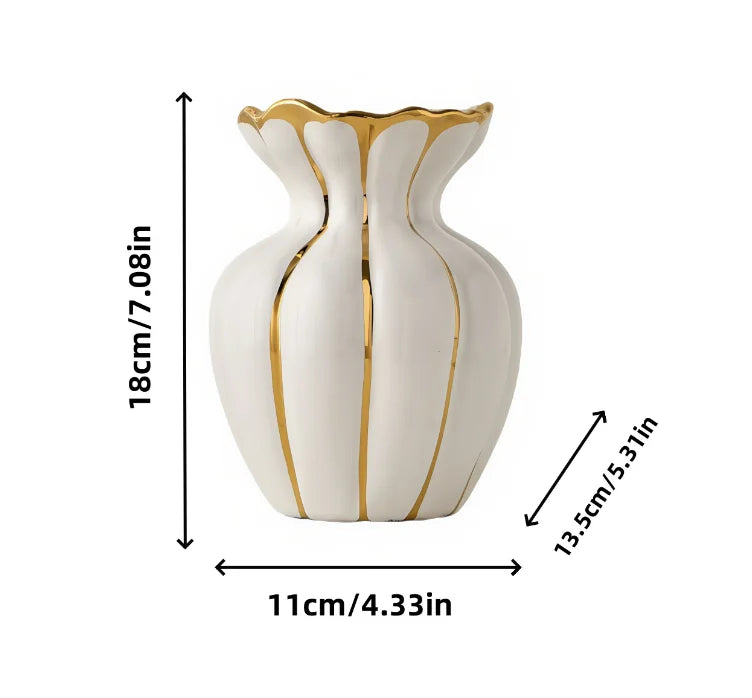 A white ceramic flower vase with gold accents, shaped like a stylized tulip, shown from the front.