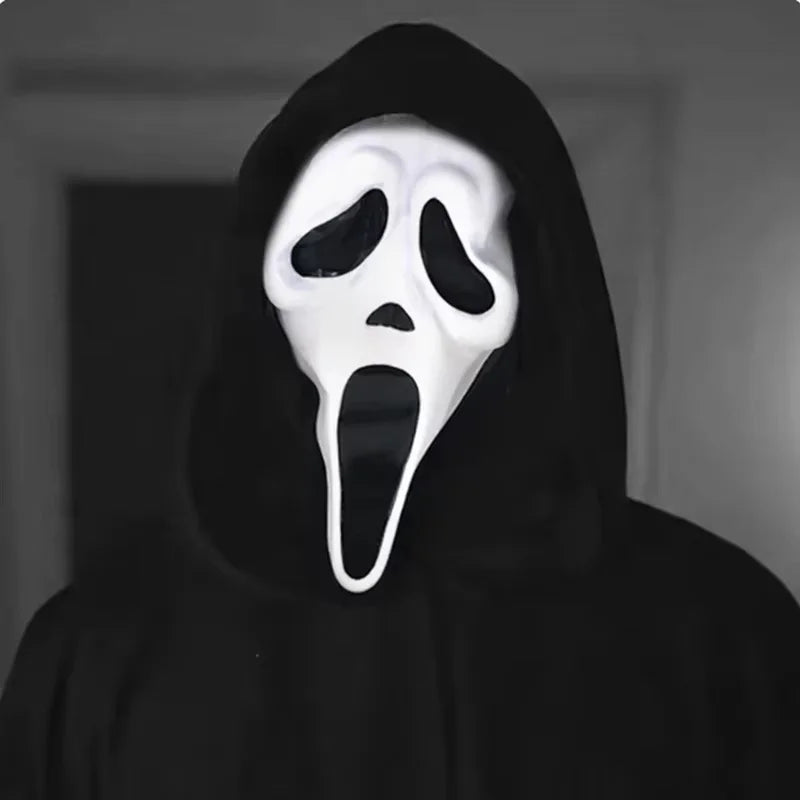 A realistic ghost face mask with a white, menacing expression is shown against a dark background.