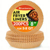 Pack of 200 disposable round air fryer liners, 8 inches in diameter, for use with an air fryer.