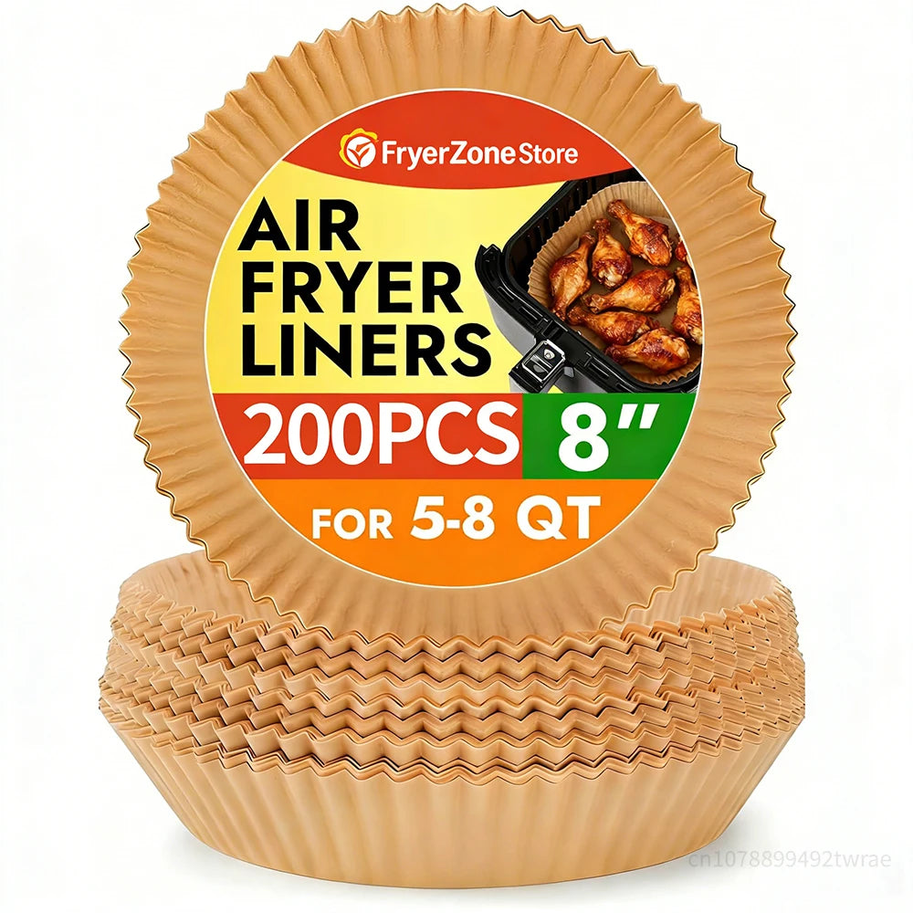 Pack of 200 disposable round air fryer liners, 8 inches in diameter, for use with an air fryer.
