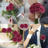 A collage showing various arrangements of deep pink and burgundy foam rose flowers used for wedding bouquets and home decor.