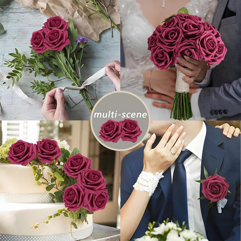 A collage showing various arrangements of deep pink and burgundy foam rose flowers used for wedding bouquets and home decor.