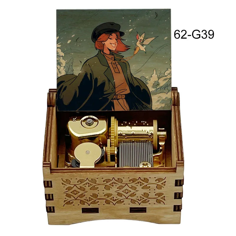 A wooden music box with a lid featuring an illustration of a woman and a bird, set within a wooden box.