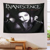 A black wall tapestry featuring the Evanescence band logo and a close-up portrait of a female singer.