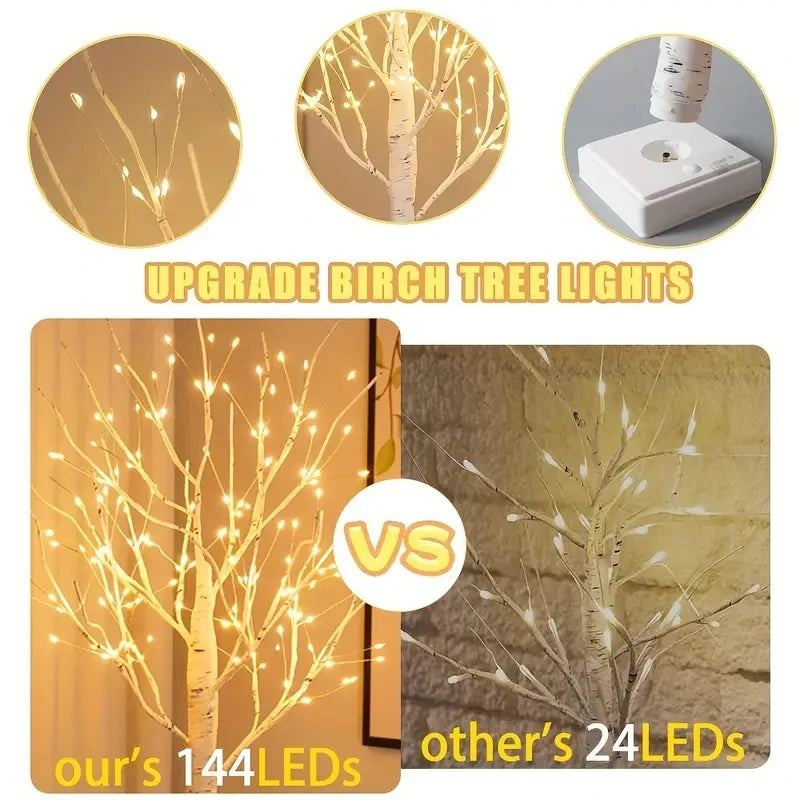 Upgrade birch tree lights showing a comparison between 144 LEDs and other 24 LEDs