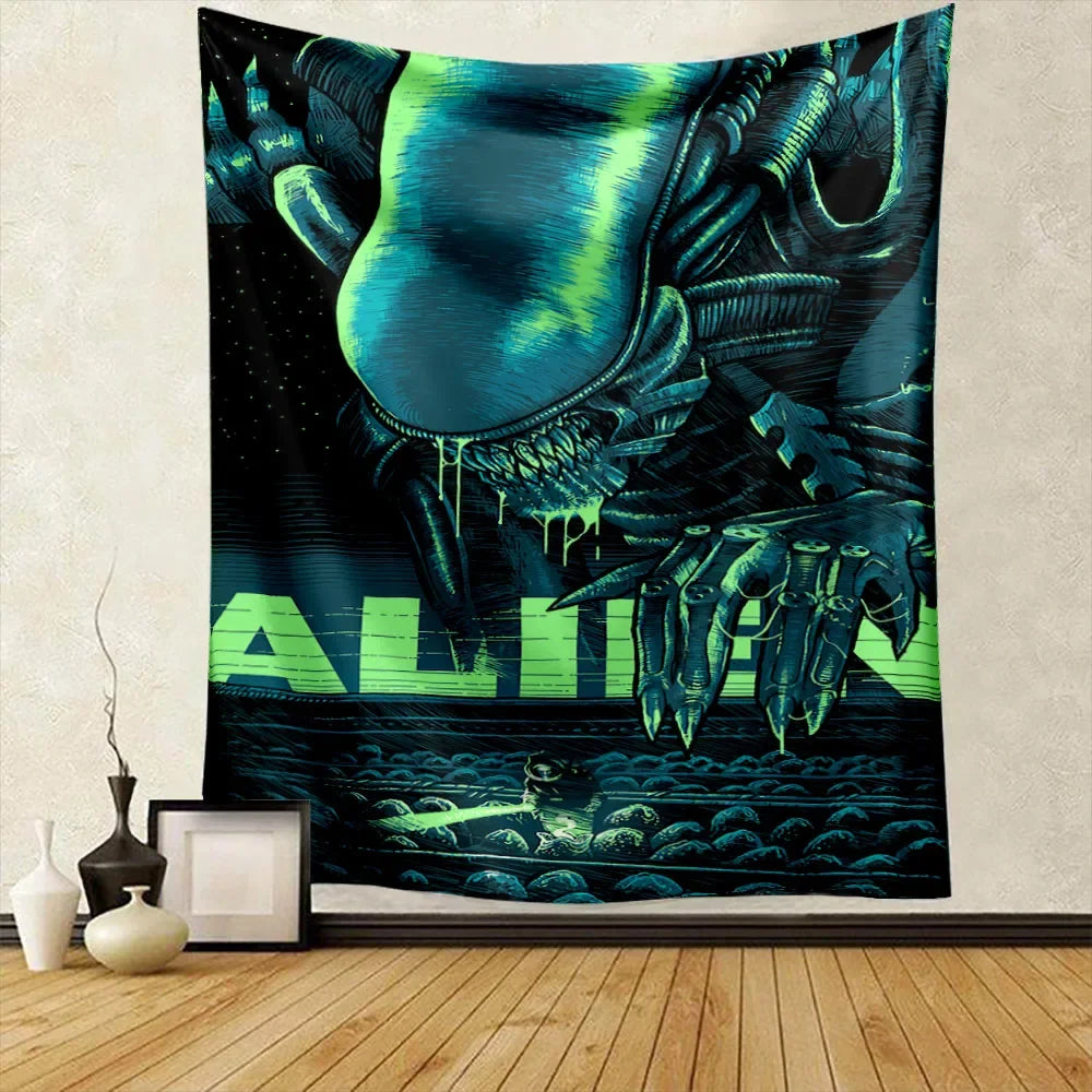 A dark tapestry wall hanging featuring a menacing alien creature with glowing blue skin and sharp features.