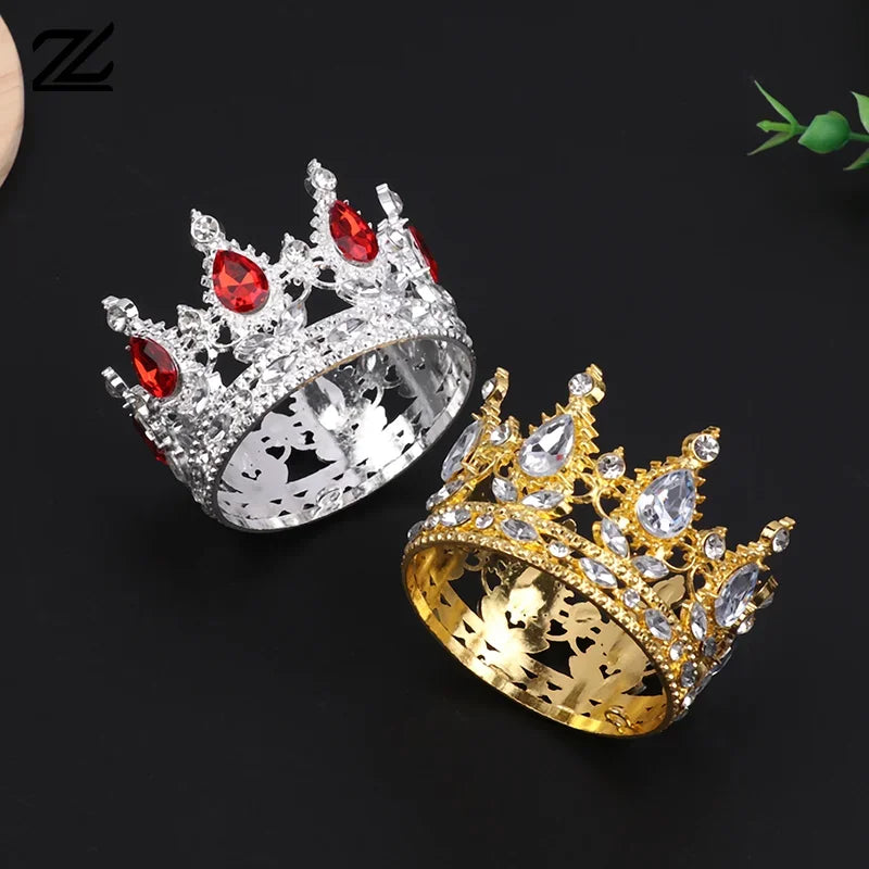 A set of miniature pearl tiara crowns, including a silver and a gold design, for cake toppers or hair accessories.