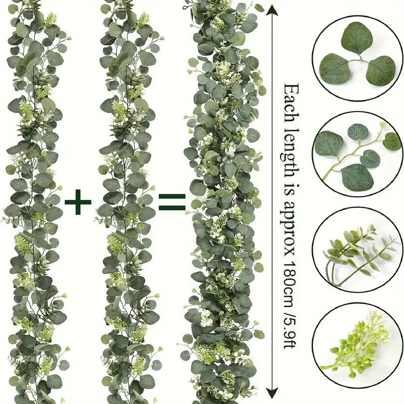 Trois brins verticaux de guirlande d'eucalyptus artificiel montrant diverses tailles et textures de feuilles.