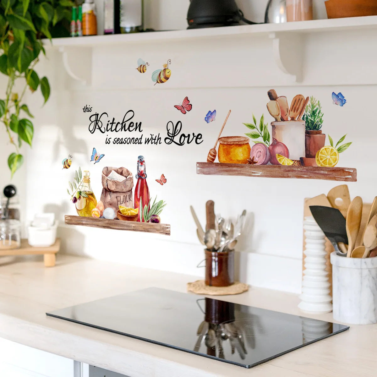 A floral wall sticker featuring bees and butterflies is displayed on a white shelf above a kitchen countertop.