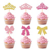 A set of elegant pink and gold crown and bow cupcake toppers displayed on a white background.
