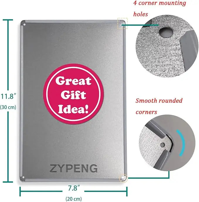 A rectangular silver tin wall sign with four corner mounting holes and smooth rounded corners.