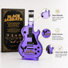 A purple glass decanter shaped like a guitar, featuring the Black Sabbath logo and details.