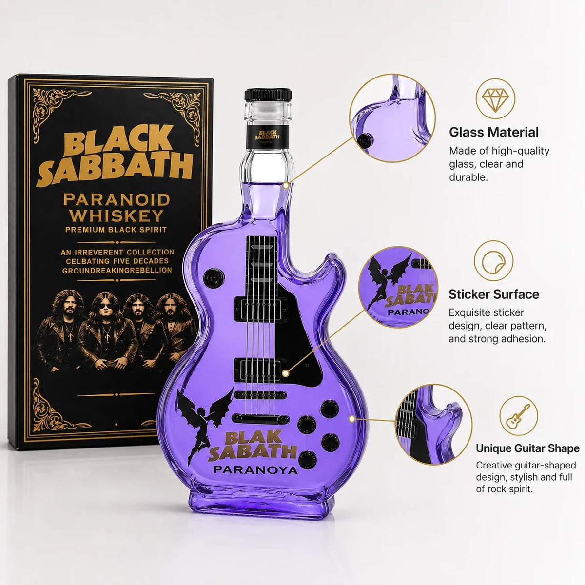 A purple glass decanter shaped like a guitar, featuring the Black Sabbath logo and details.