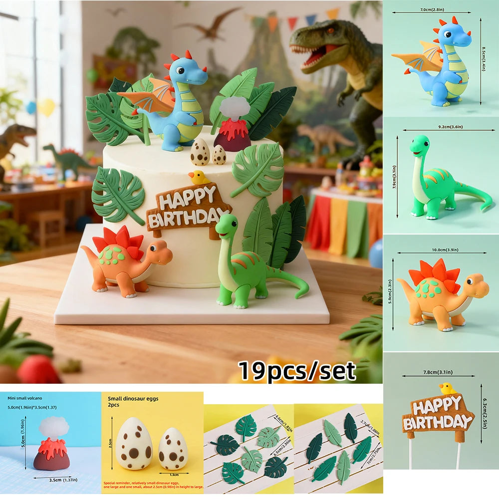 Un set de 19 toppers de pastel de dinosaurios con varios dinosaurios en colores verde, naranja y azul.