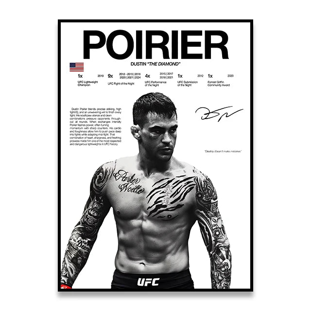A black and white portrait of Dustin Diamond in a UFC fighter pose with text detailing his achievements.