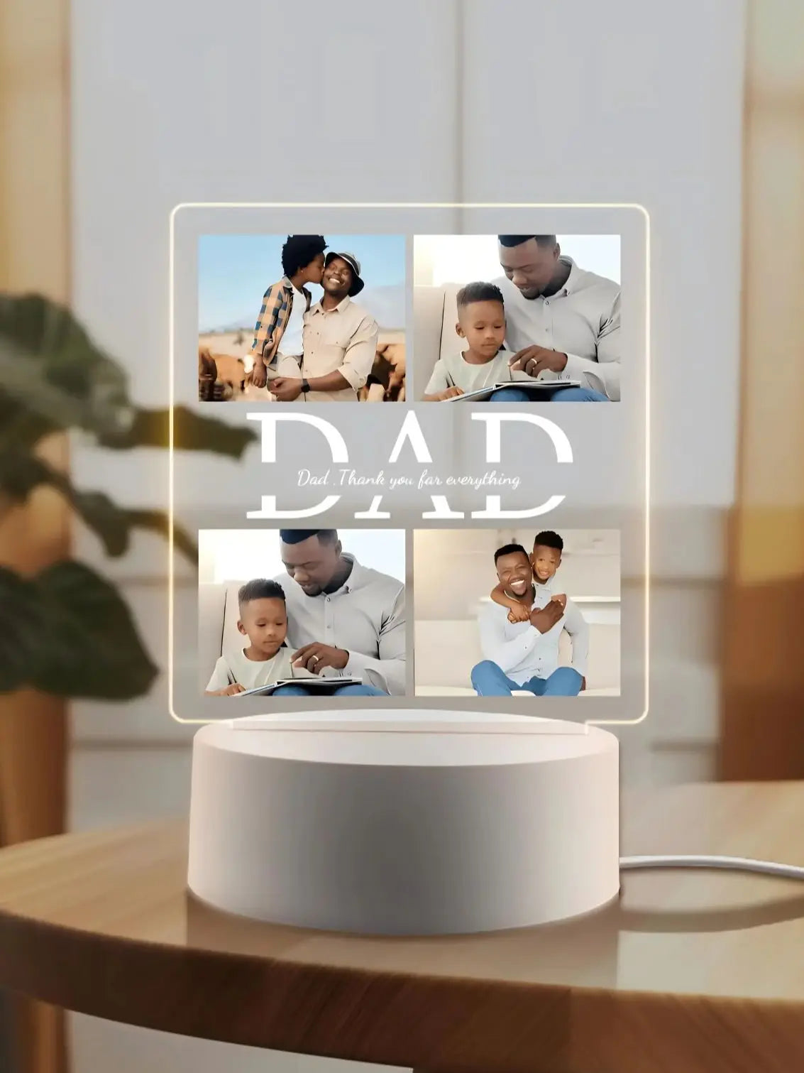 A personalized photo acrylic night light displaying a collage of family photos with the text Dad thank you for everything.