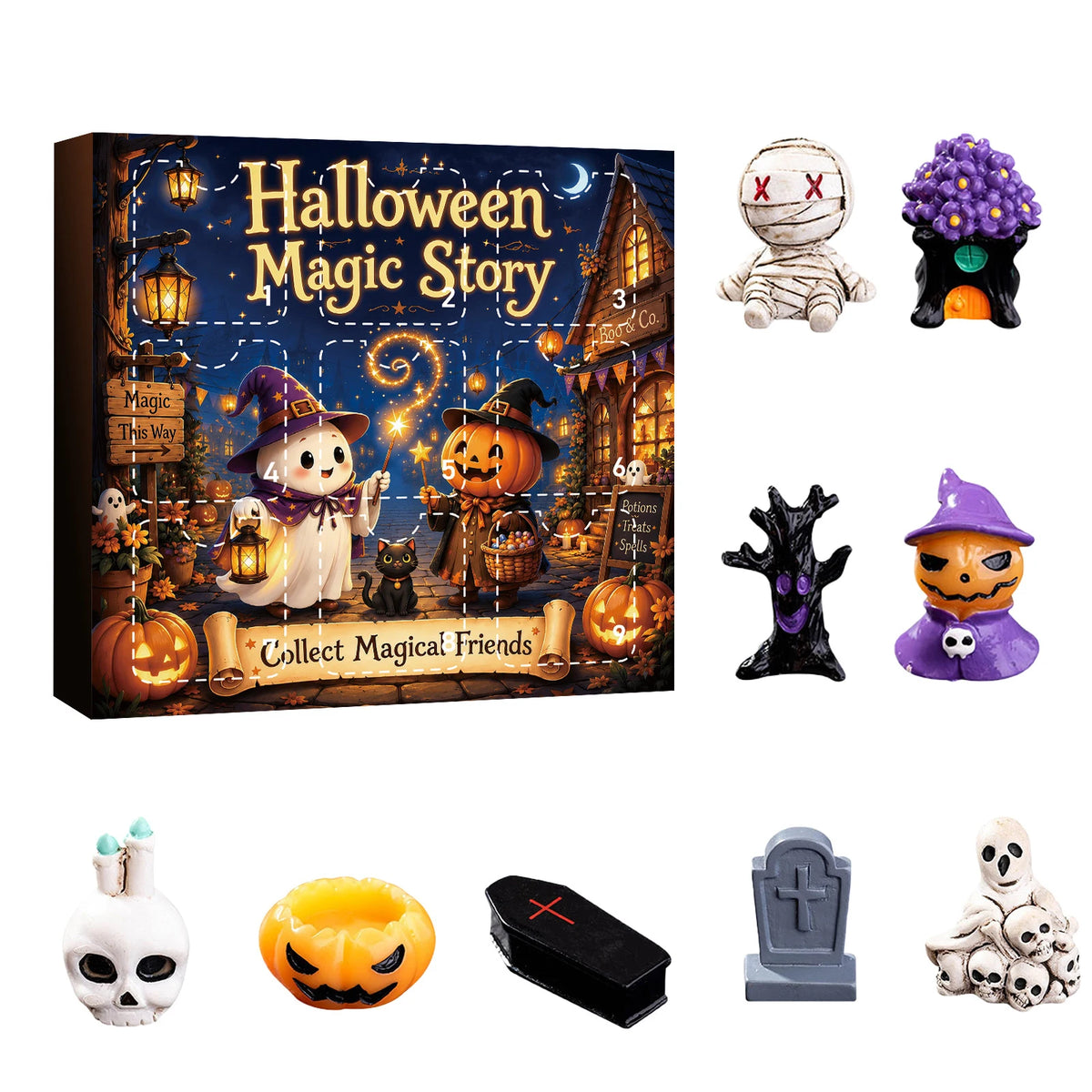 Halloween Magic Story box featuring various spooky resin figurines including pumpkins skulls and witches