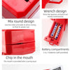 Red money shooter toy with a wrench design and battery compartments for shooting money.