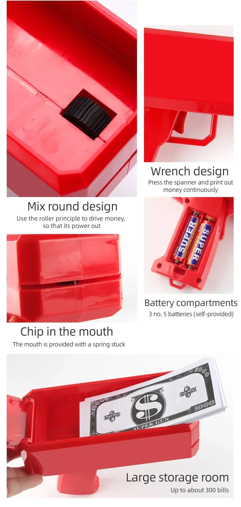 Red money shooter toy with a wrench design and battery compartments for shooting money.