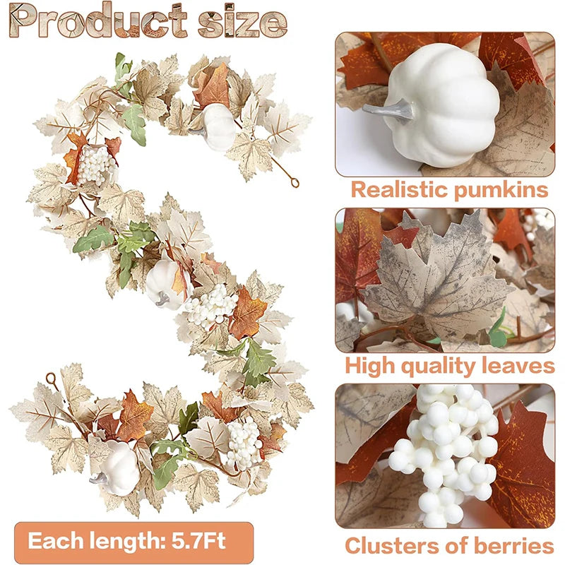 Artificial maple leaf garland featuring realistic pumpkins, high quality leaves, and clusters of berries for home decor