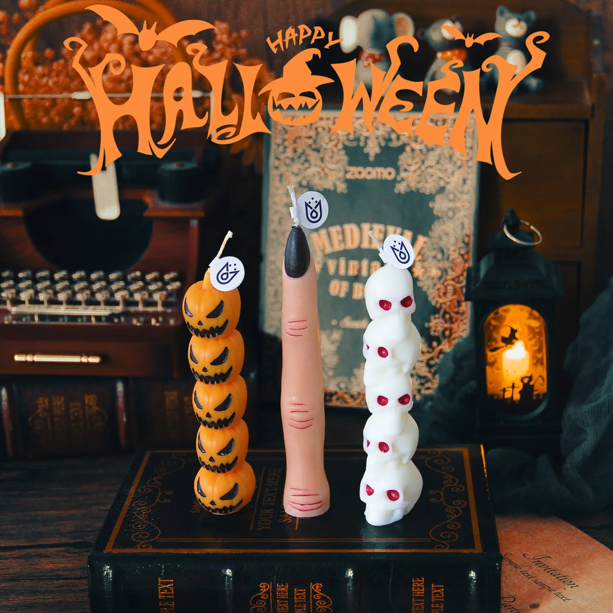 A collection of Halloween skull and skeleton aromatherapy candles displayed on a dark wooden surface.