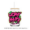 A clear glass tumbler with a black and pink graphic design that reads WORK HARD PLAY HARD