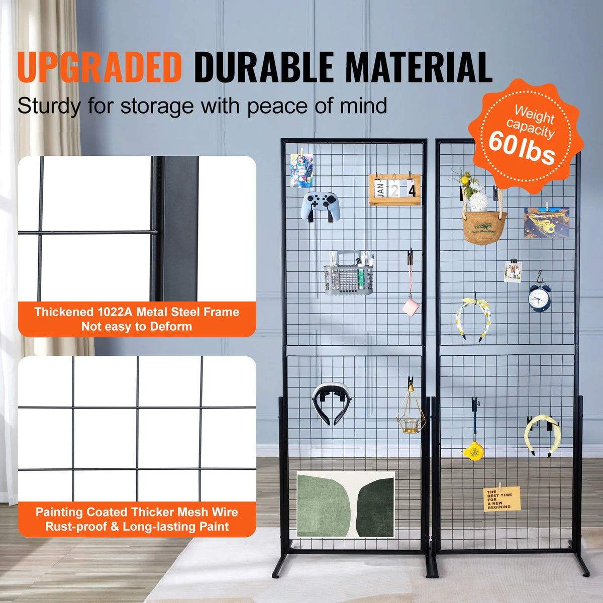 A tall black wire grid wall display rack with various items stored inside, featuring a thick metal frame and mesh.