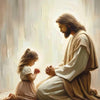 A painting of Jesus with a young girl, rendered in soft, light tones.