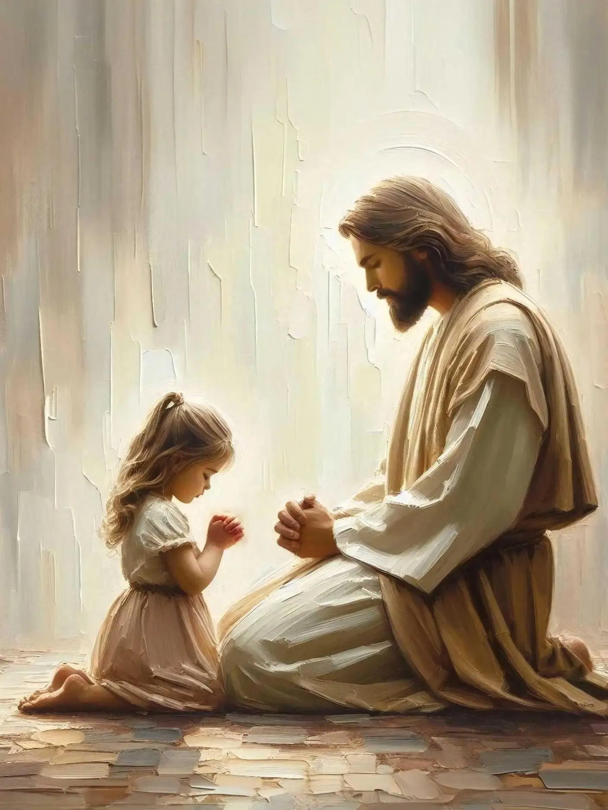 A painting of Jesus with a young girl, rendered in soft, light tones.