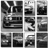 Eine Sammlung von Schwarz-Weiß-Fotos mit Luxusautos, darunter ein BMW und ein Aston Martin.