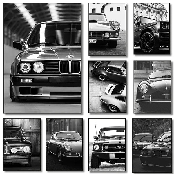 A collection of black and white photographs featuring various luxury cars, including a BMW and an Aston Martin.