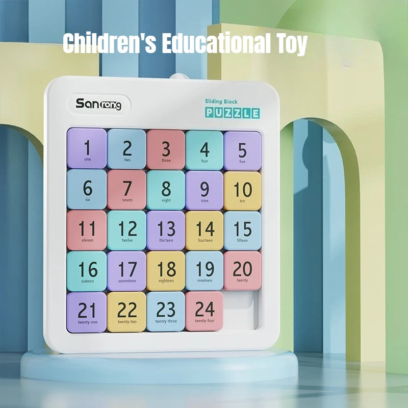 A white sliding block puzzle with numbered tiles from one to twenty-four is displayed in a bright, educational setting.