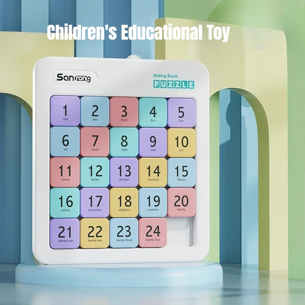 A white sliding block puzzle with numbered tiles from one to twenty-four is displayed in a bright, educational setting.