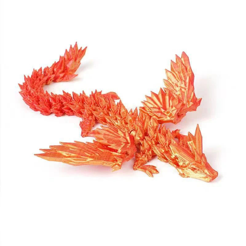 A 3D printed magic dragon desktop ornament with fiery orange scales.