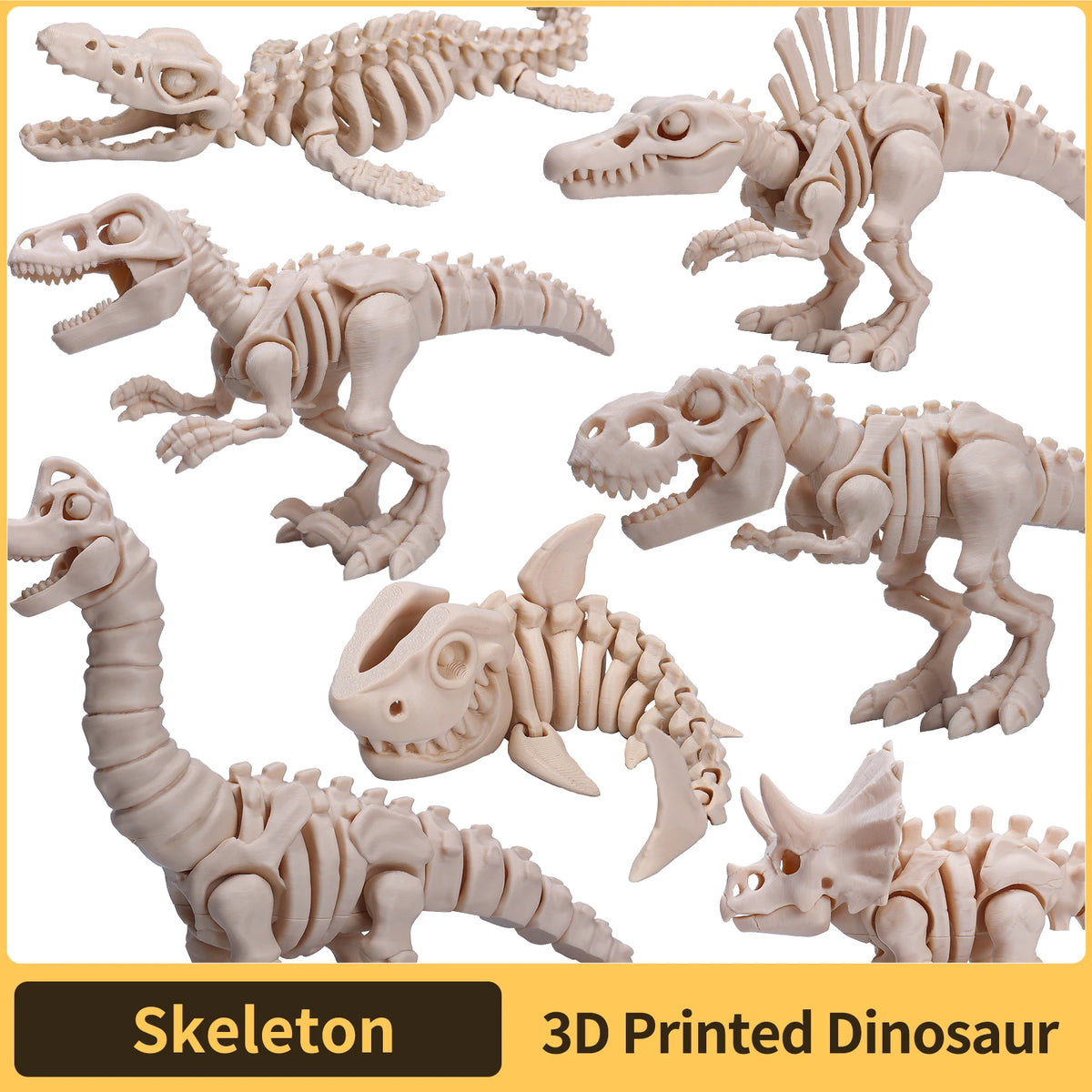 A collection of 3D printed dinosaur skeletons, including a T-Rex and a Mosasaurus, displayed against a white background.