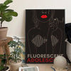 A black and white line art print featuring a woman's face and upper body with red lips, used as modern music wall decor.
