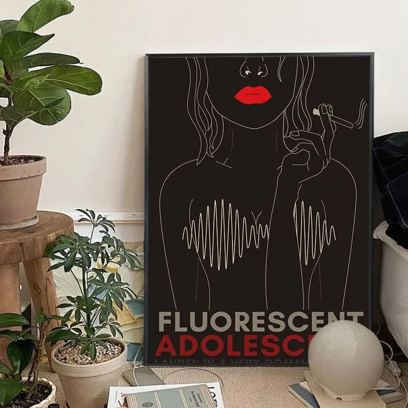 A black and white line art print featuring a woman's face and upper body with red lips, used as modern music wall decor.