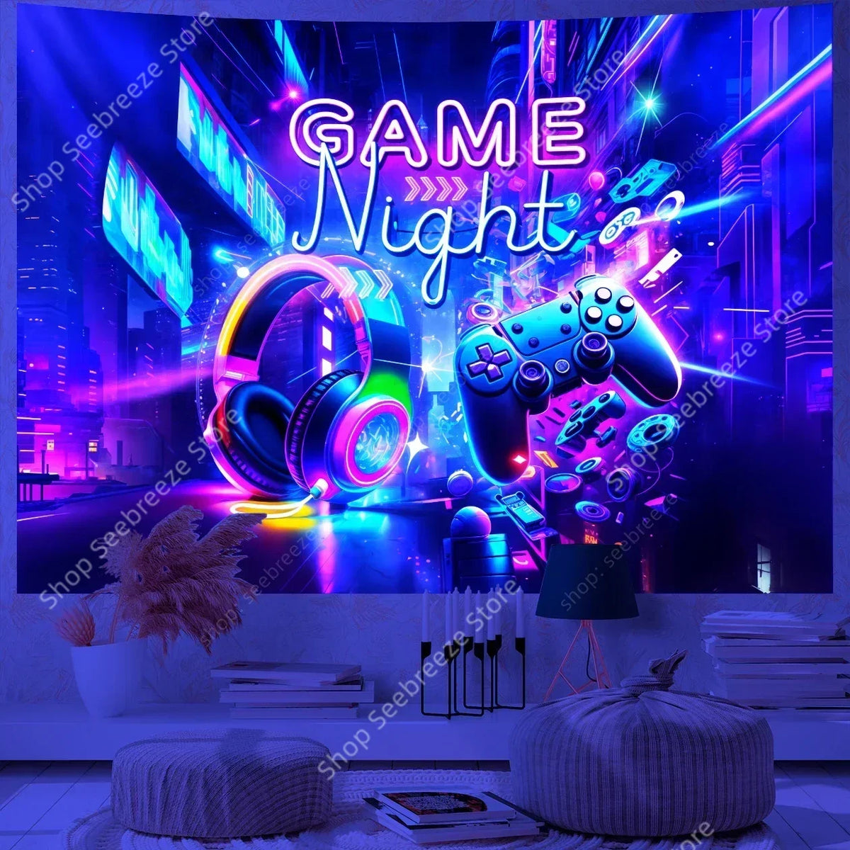 A vibrant tapestry featuring a glowing purple and blue game controller design for a gaming room.