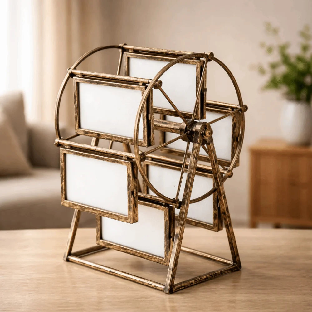A rustic wooden rotating photo frame with twelve display slots stands on a light wood surface.