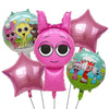 A set of pink and green balloons featuring Sprunki characters for a party decoration.