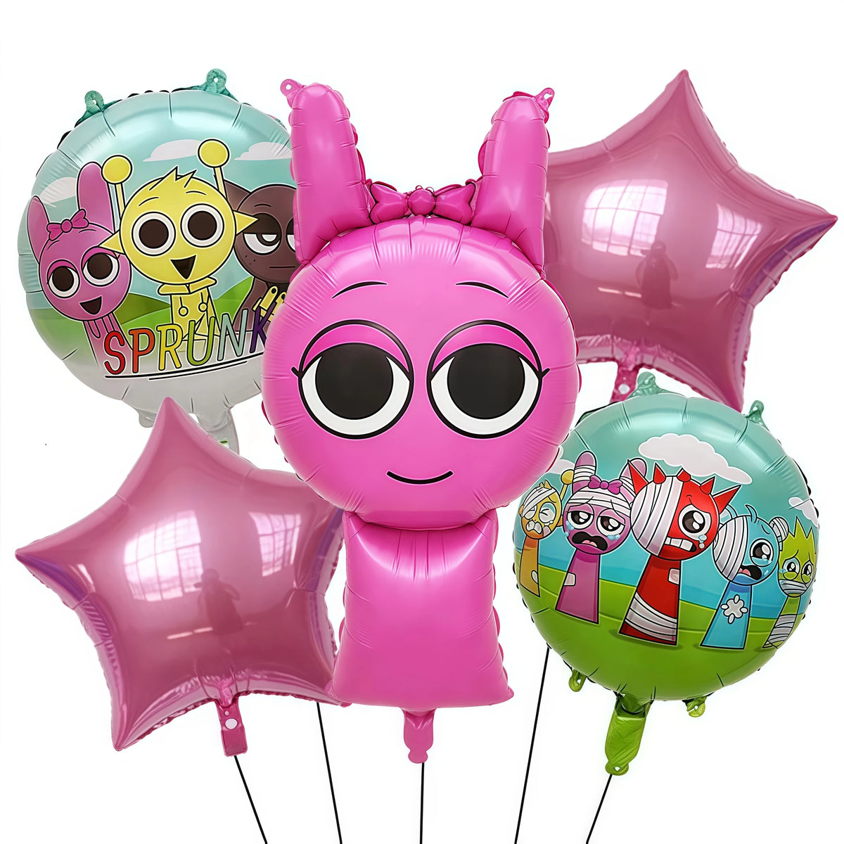 A set of pink and green balloons featuring Sprunki characters for a party decoration.