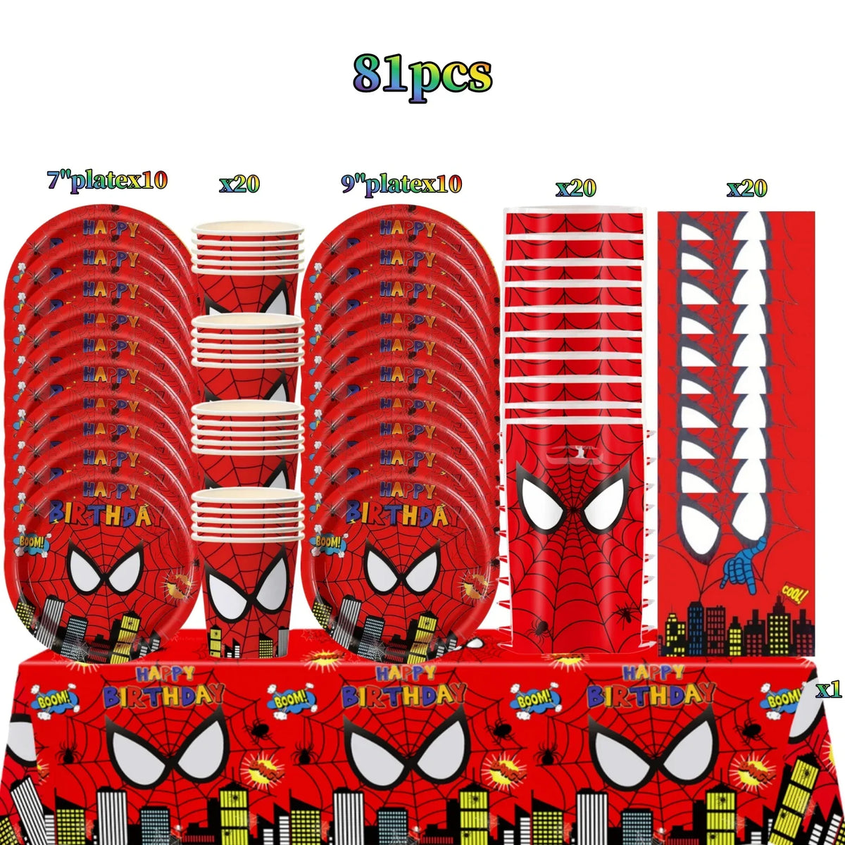 A set of 81 pieces of red and black spiderweb themed party tableware including plates cups and napkins