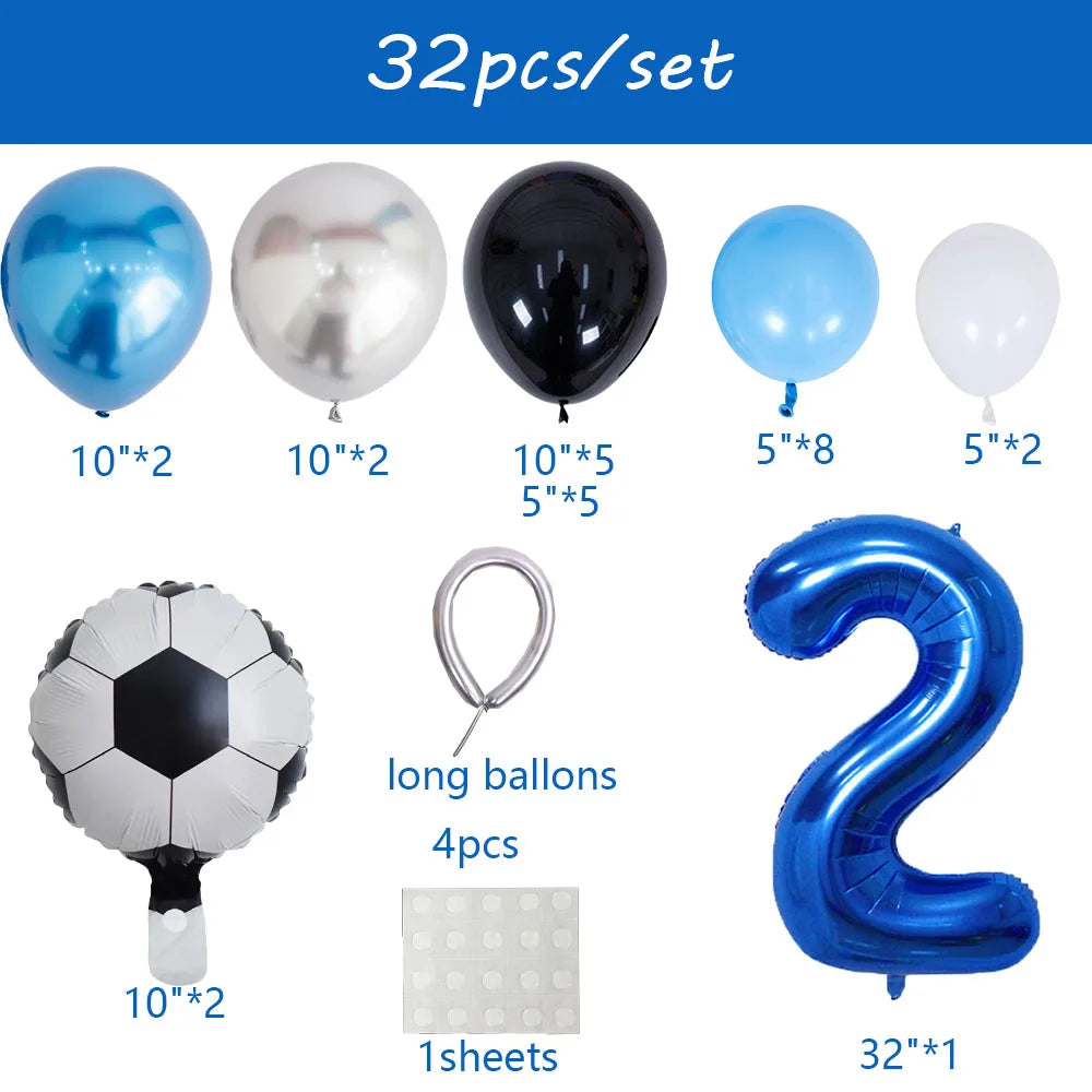 A set of 32 balloons including various sizes and shapes like spheres, hearts, and a large number 2 for party decoration
