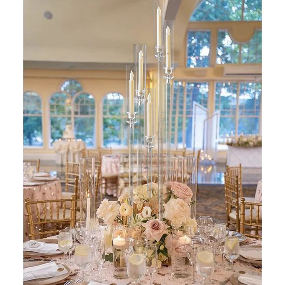 Tall acrylic candelabra with five arms displayed on a table setting for wedding decor