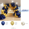 A balloon arch kit featuring gold and navy blue balloons forming a decorative backdrop for a birthday celebration.
