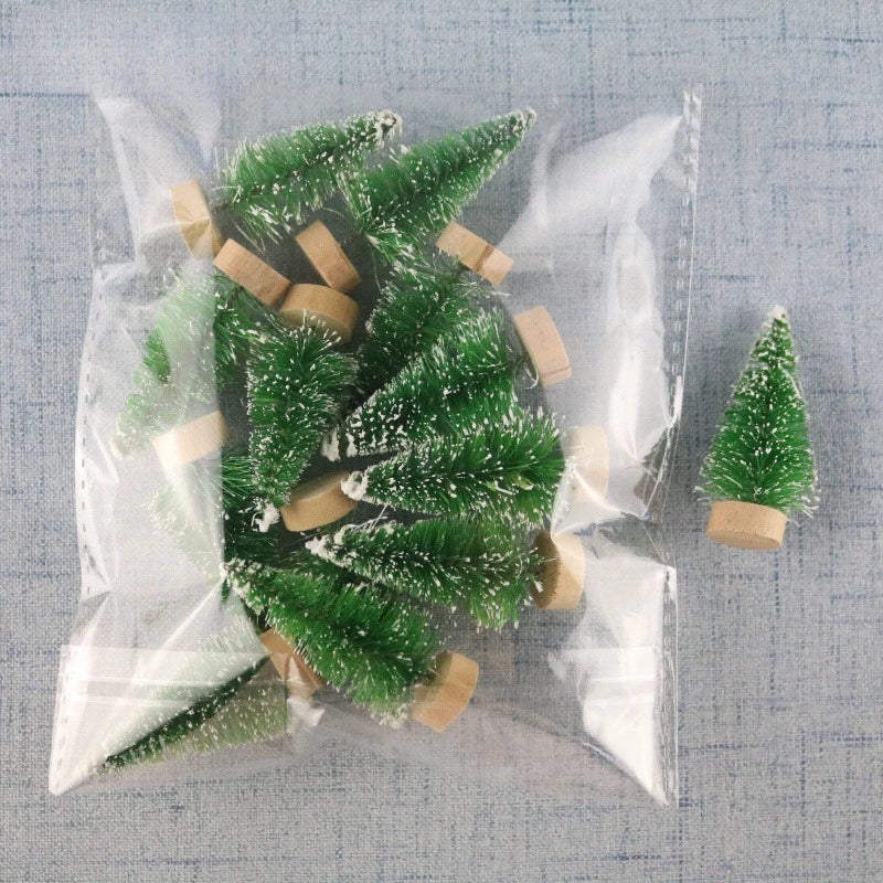Set of 12 Snow-Flocked Mini Christmas Trees with Wooden Bases