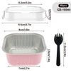 Reusable aluminum foil baking cups with lids and spoons in pink and black.