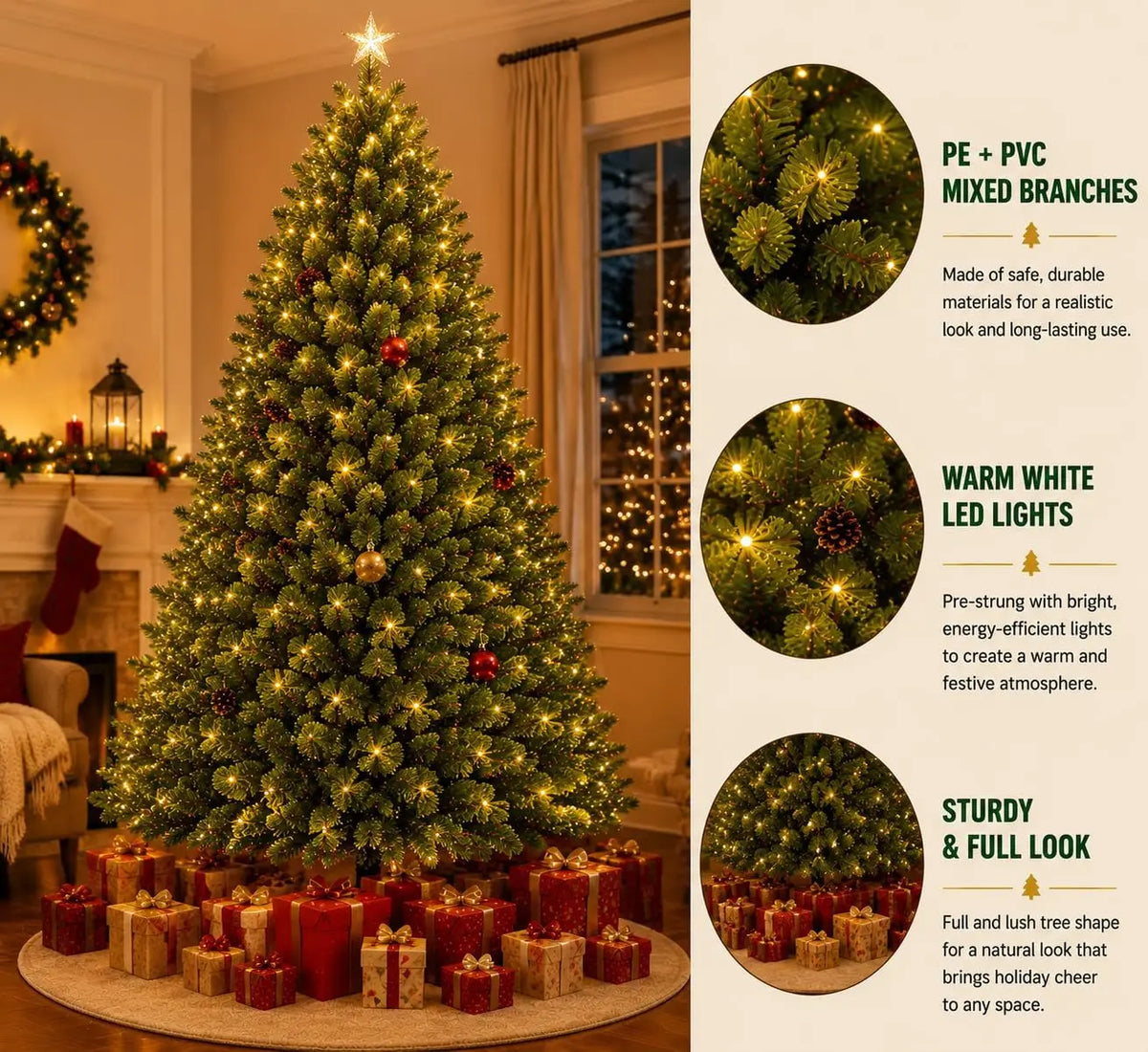 Classic Green Artificial Christmas Tree with Dual-Color LED Lights and Metal Stand