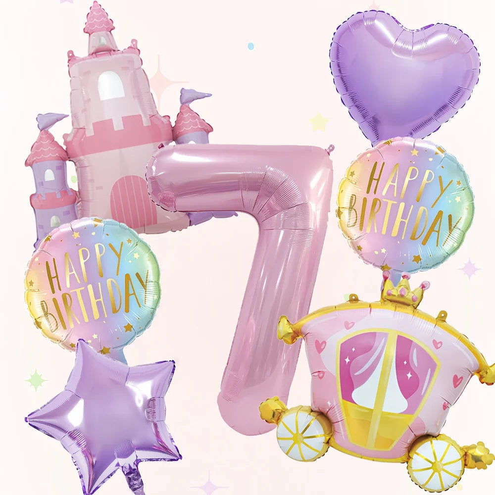 A set of seven pink balloons including a number seven, castle, and star for birthday parties